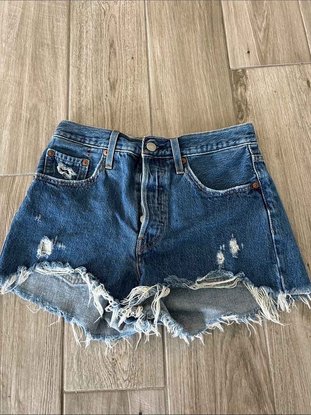 Levi's 501 Distressed Dark Blue Denim Cutoff Shorts